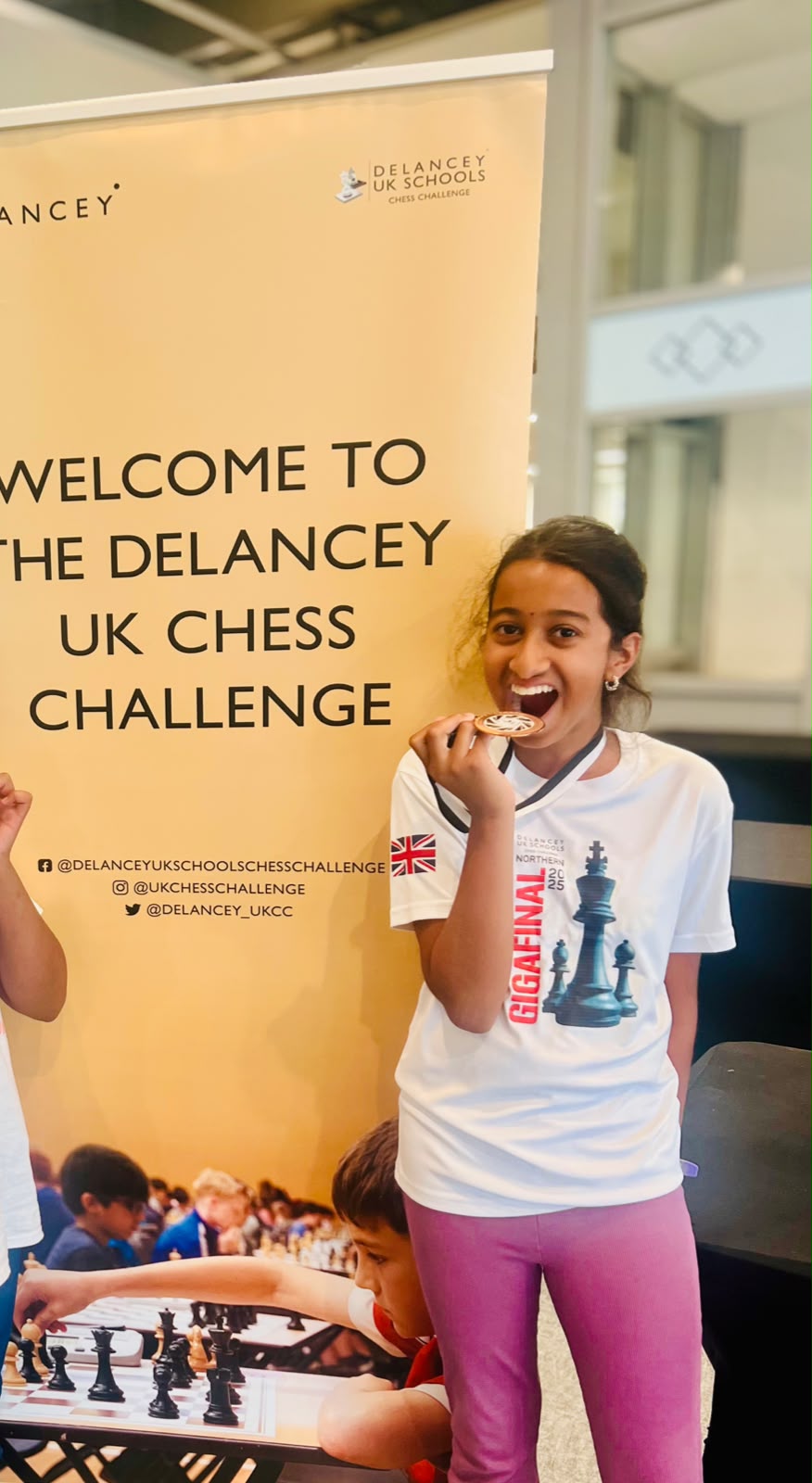 A3C junior member celebrating her bronze medal at the Delancey UK Schools Chess Challenge GigaFinal 2026