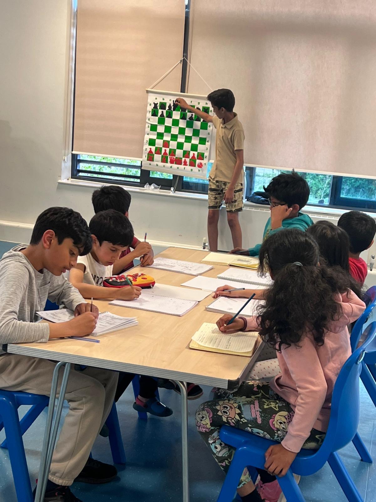Coaching session with wall chess board